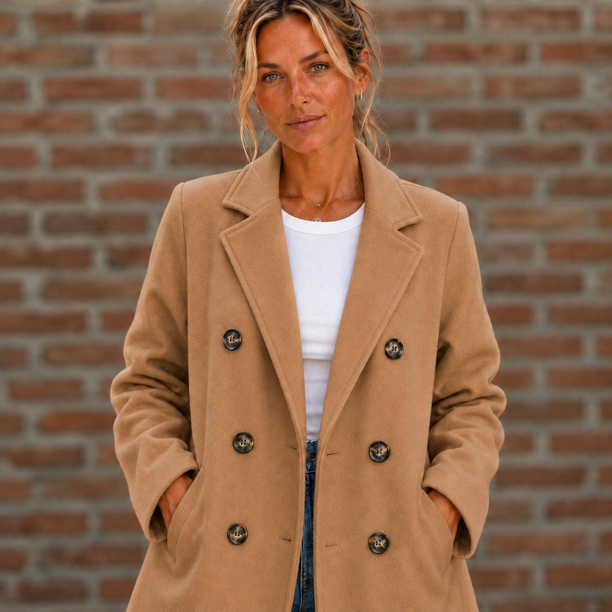 Women's Double Breasted Coat, Classic Lapel Jacket, Longline Fall Coat, Cream Camel Black, Sizes S–3XL