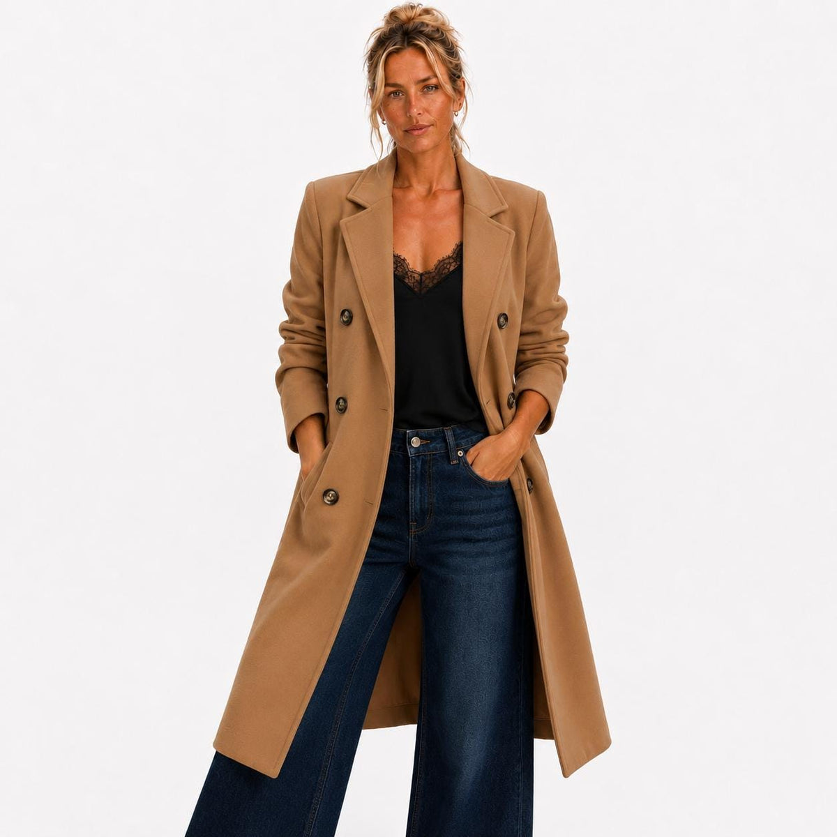 Women's Double Breasted Coat, Classic Lapel Jacket, Longline Fall Coat, Cream Camel Black, Sizes S–3XL