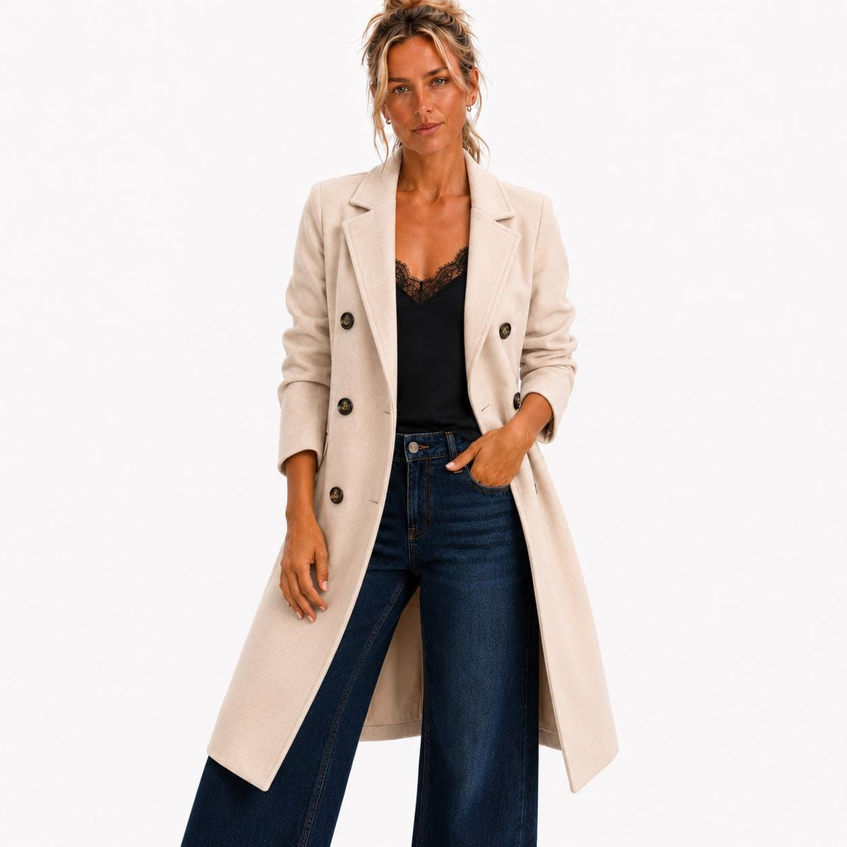 Women's Double Breasted Coat, Classic Lapel Jacket, Longline Fall Coat, Cream Camel Black, Sizes S–3XL