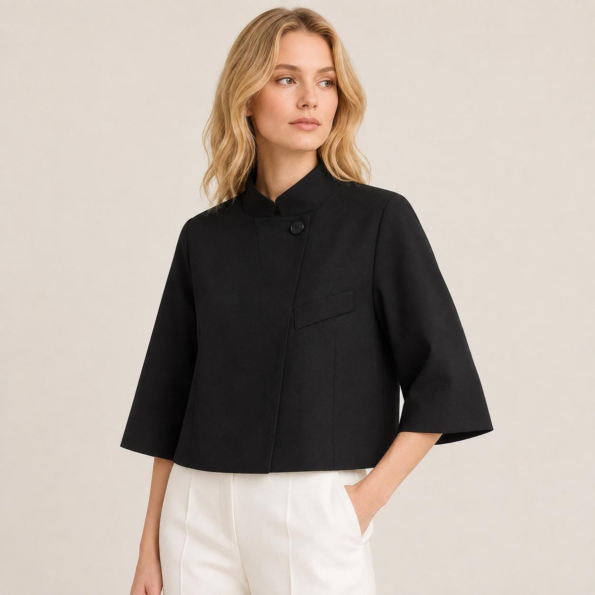 Women's Cropped Blazer, Minimalist 3/4 Sleeve Jacket, Office Casual Outerwear