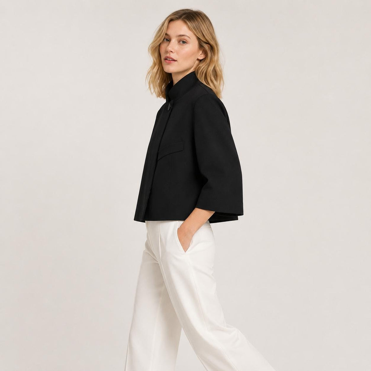 Women's Cropped Blazer, Minimalist 3/4 Sleeve Jacket, Office Casual Outerwear