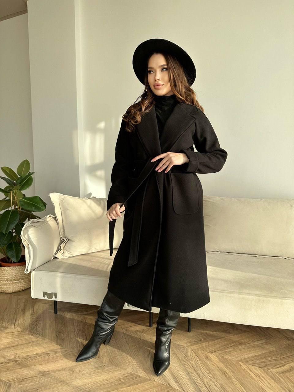 Brown Cashmere Wrap Coat, Belted Wool Robe Trench, Long Fall Winter Overcoat with Patch Pockets, Minimalist Quiet Luxury Duster Jacket