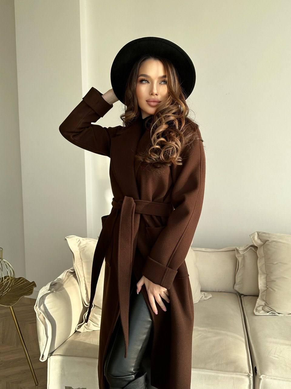 Brown Cashmere Wrap Coat, Belted Wool Robe Trench, Long Fall Winter Overcoat with Patch Pockets, Minimalist Quiet Luxury Duster Jacket