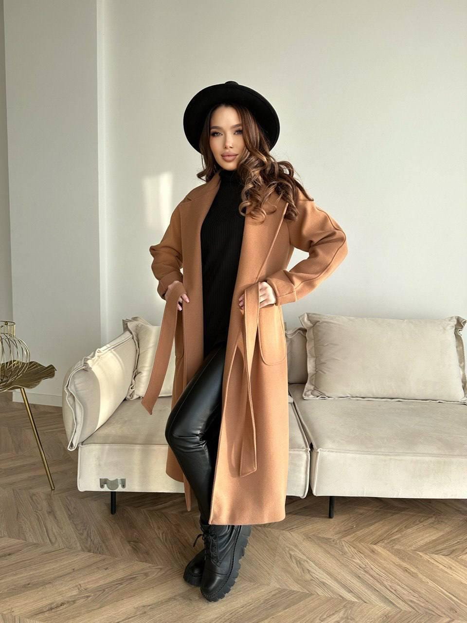 Brown Cashmere Wrap Coat, Belted Wool Robe Trench, Long Fall Winter Overcoat with Patch Pockets, Minimalist Quiet Luxury Duster Jacket