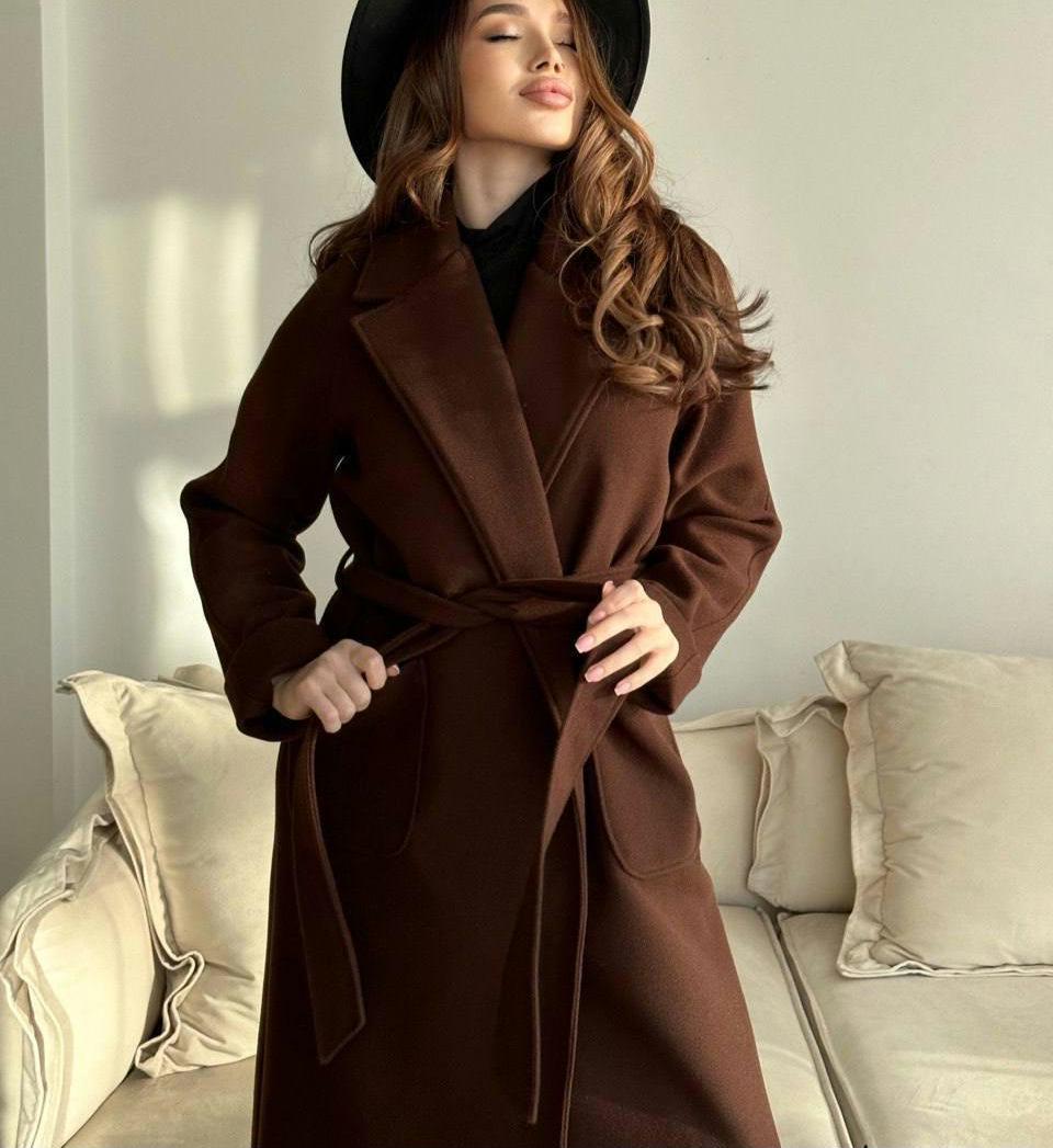 Brown Cashmere Wrap Coat, Belted Wool Robe Trench, Long Fall Winter Overcoat with Patch Pockets, Minimalist Quiet Luxury Duster Jacket