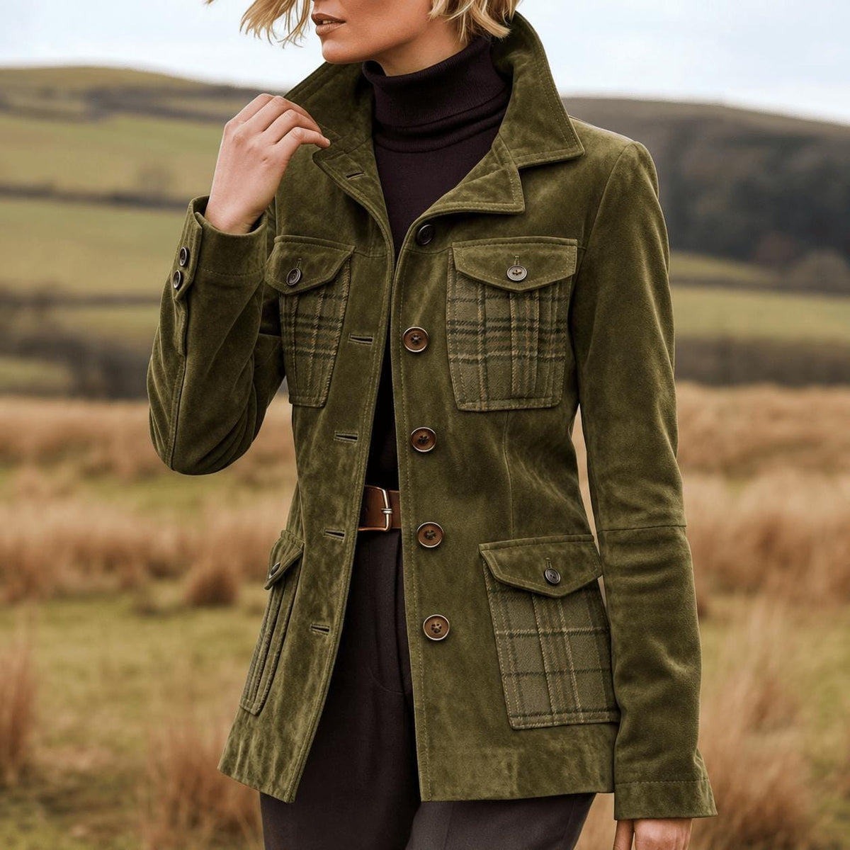 Olive Green Suede Jacket Women, Vintage Utility Blazer, Tailored Field Coat