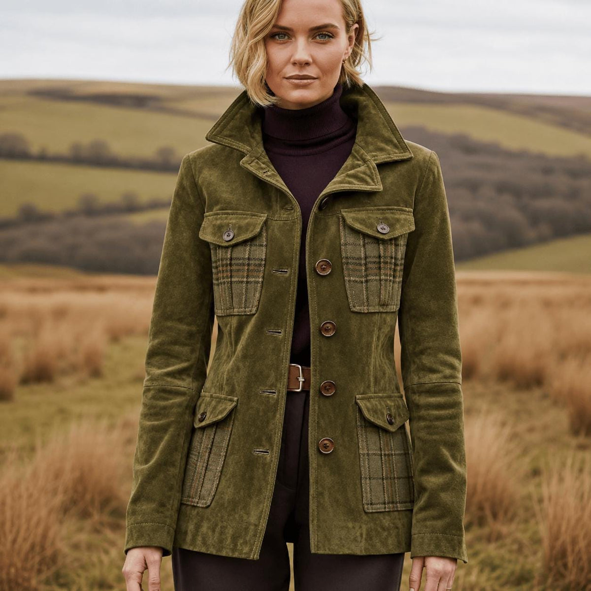 Olive Green Suede Jacket Women, Vintage Utility Blazer, Tailored Field Coat