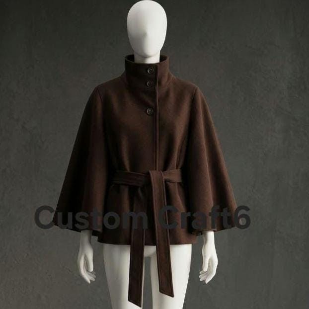 Women Dark Brown Wool Cape Coat with Belt, Vintage Short Poncho Jacket, Elegant Winter Wrap Coat, Chic Trench Style Cape Top
