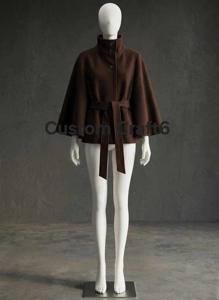 Women Dark Brown Wool Cape Coat with Belt, Vintage Short Poncho Jacket, Elegant Winter Wrap Coat, Chic Trench Style Cape Top