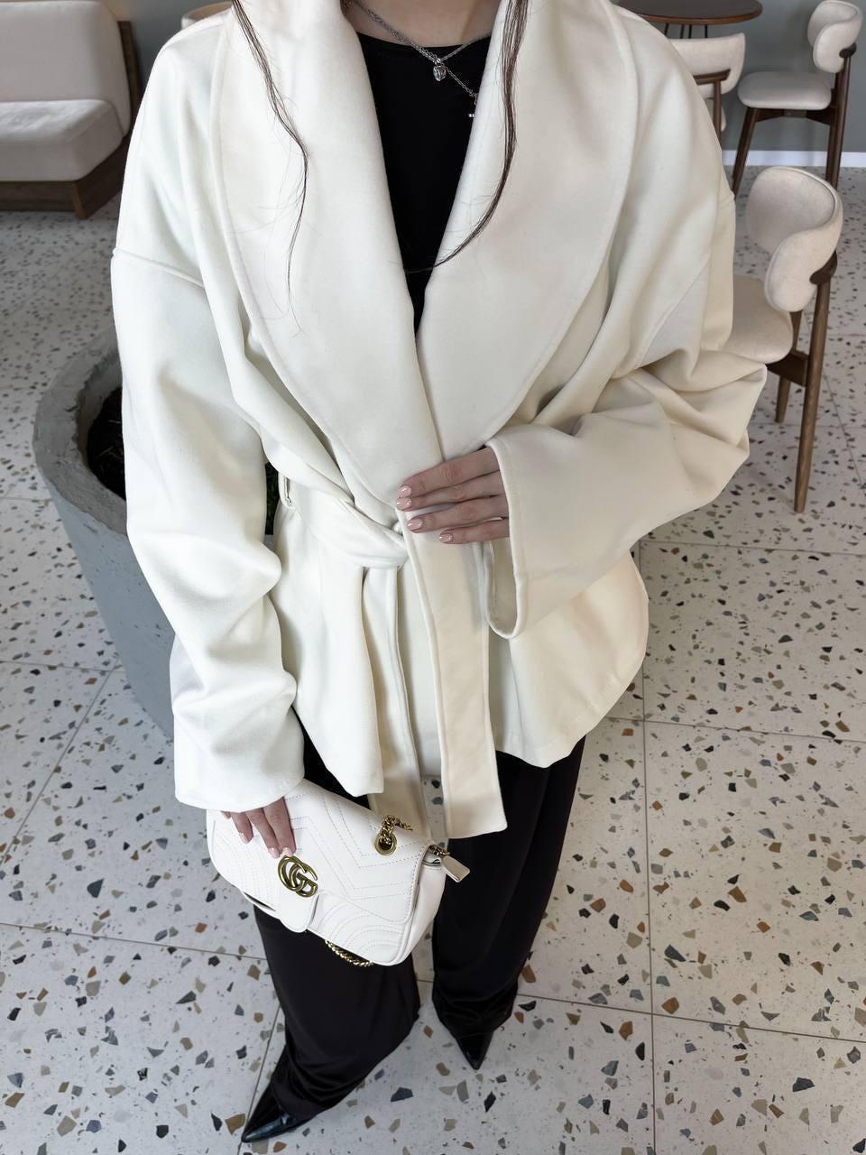 Women's Oversized Cashmere Coat Short Belted Wrap Jacket Autumn Outerwear Minimalist Pockets Soft Unlined Layering Fashion Gift Wardrobe