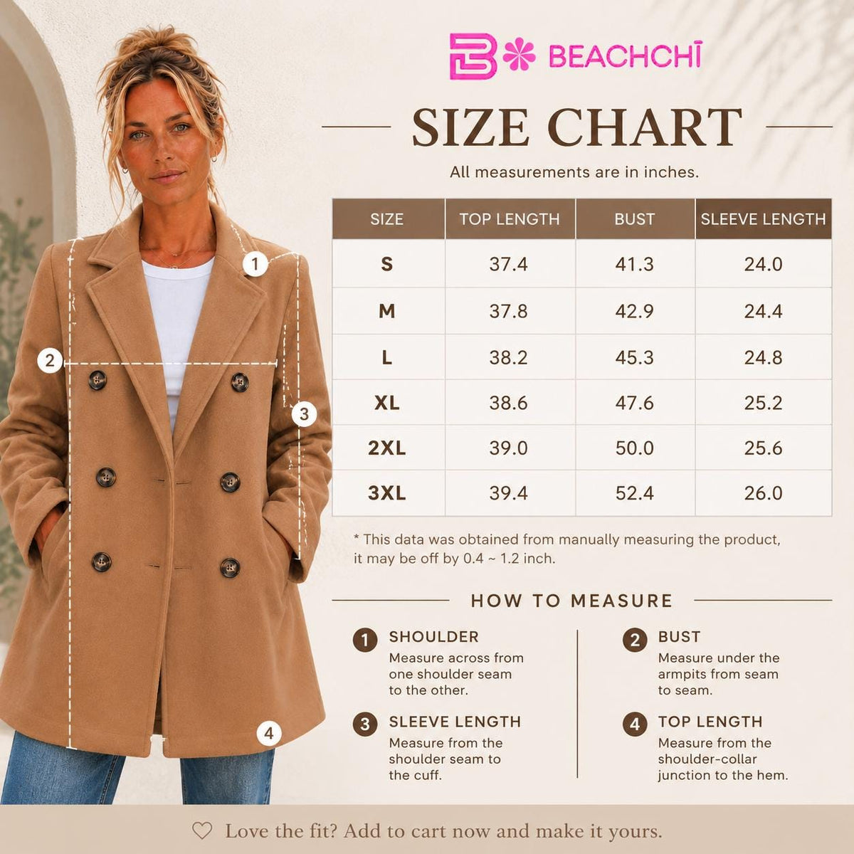 Women's Double Breasted Coat, Classic Lapel Jacket, Longline Fall Coat, Cream Camel Black, Sizes S–3XL