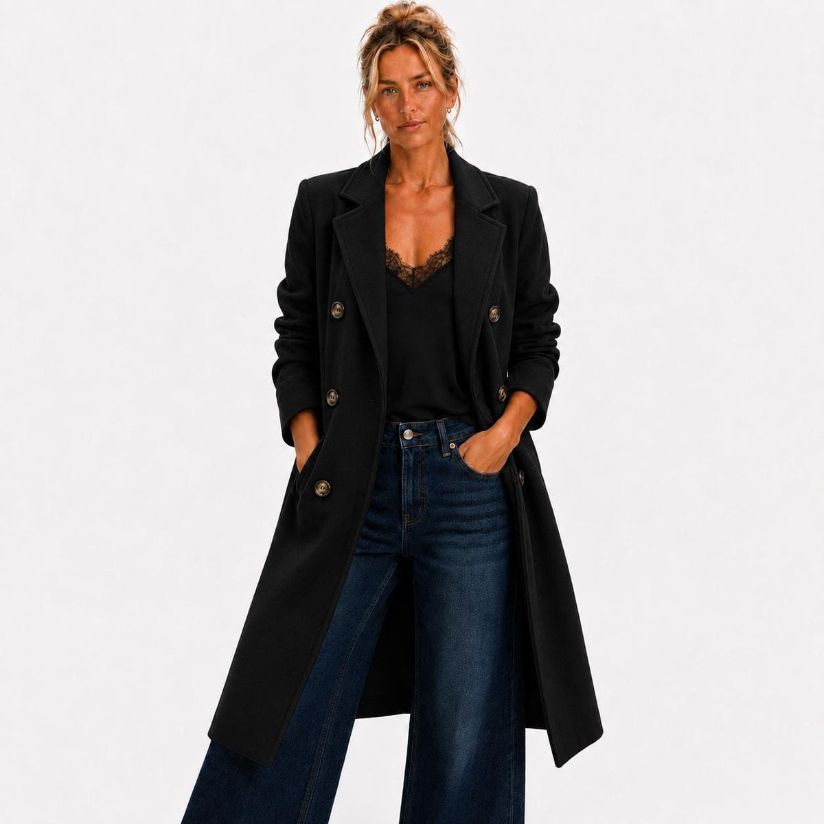 Women's Double Breasted Coat, Classic Lapel Jacket, Longline Fall Coat, Cream Camel Black, Sizes S–3XL