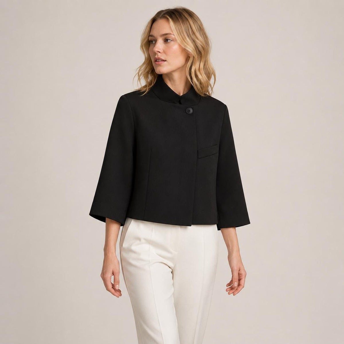 Women's Cropped Blazer, Minimalist 3/4 Sleeve Jacket, Office Casual Outerwear
