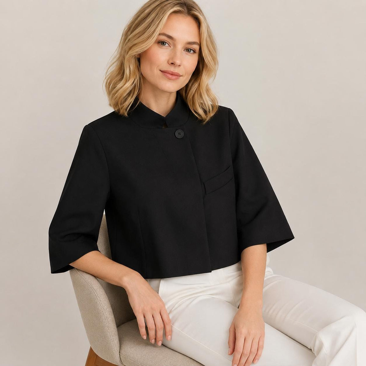 Women's Cropped Blazer, Minimalist 3/4 Sleeve Jacket, Office Casual Outerwear