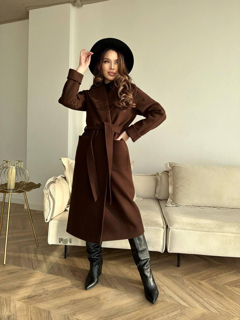 Brown Cashmere Wrap Coat, Belted Wool Robe Trench, Long Fall Winter Overcoat with Patch Pockets, Minimalist Quiet Luxury Duster Jacket