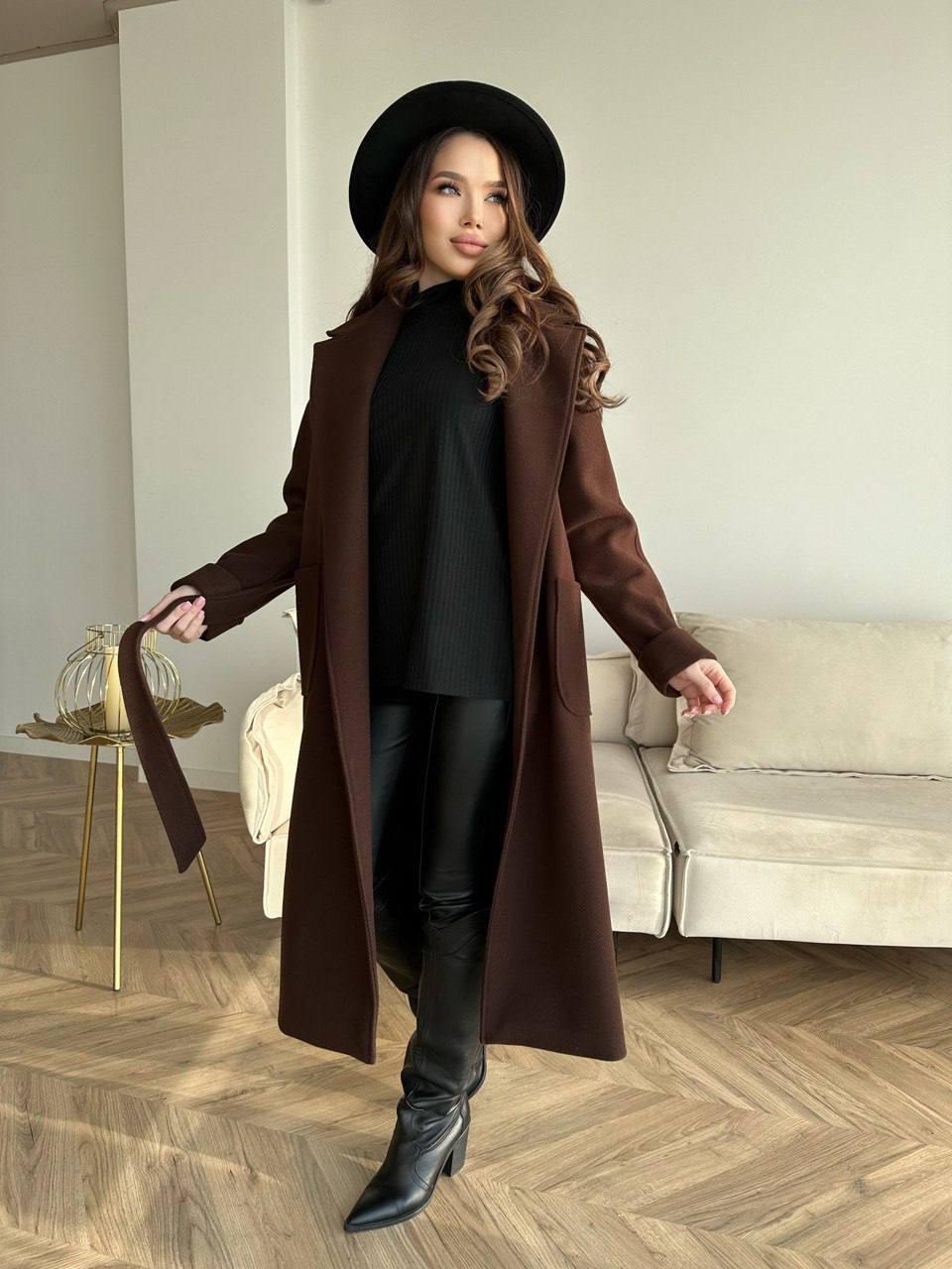 Brown Cashmere Wrap Coat, Belted Wool Robe Trench, Long Fall Winter Overcoat with Patch Pockets, Minimalist Quiet Luxury Duster Jacket