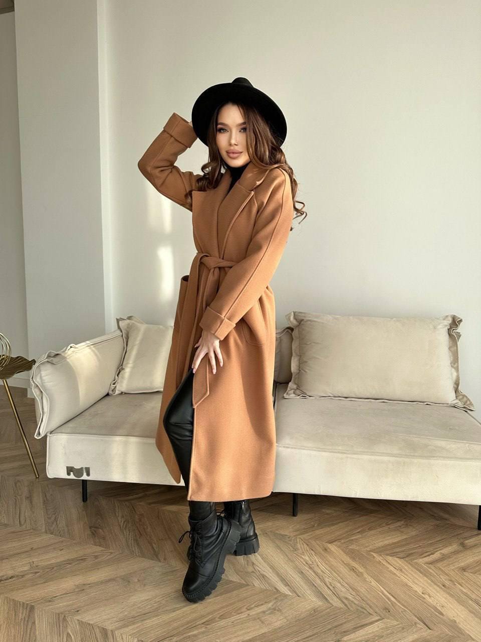 Brown Cashmere Wrap Coat, Belted Wool Robe Trench, Long Fall Winter Overcoat with Patch Pockets, Minimalist Quiet Luxury Duster Jacket