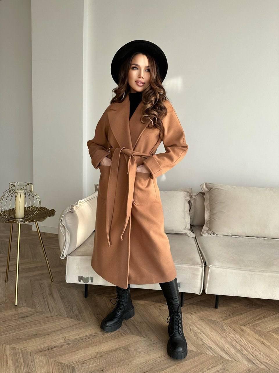 Brown Cashmere Wrap Coat, Belted Wool Robe Trench, Long Fall Winter Overcoat with Patch Pockets, Minimalist Quiet Luxury Duster Jacket