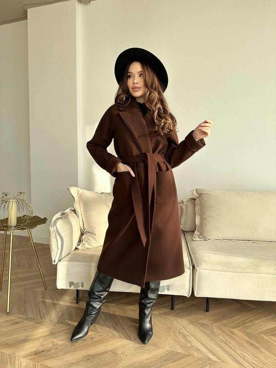 Brown Cashmere Wrap Coat, Belted Wool Robe Trench, Long Fall Winter Overcoat with Patch Pockets, Minimalist Quiet Luxury Duster Jacket